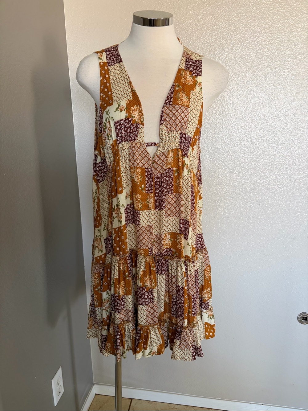Millibon Patchwork Floral Mini Dress in Mustard and Cream
